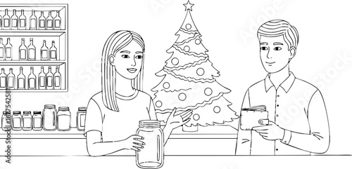 Couple enjoying drinks together near decorated Christmas tree in cozy holiday setting vector illustration
