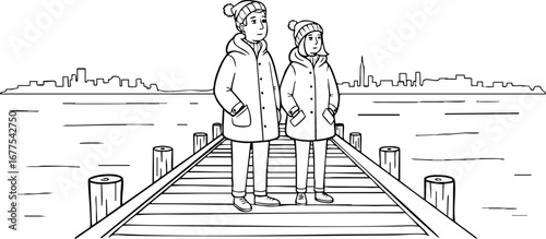 Two children standing on wooden pier looking at city skyline in winter clothing vector illustration