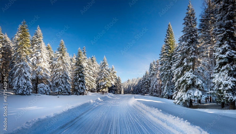 Fototapeta premium a snow covered road winds through a serene pine forest under a clear blue sky the tranquil setting conveys the beauty of winter and peaceful nature snow covered road through a forest in winter