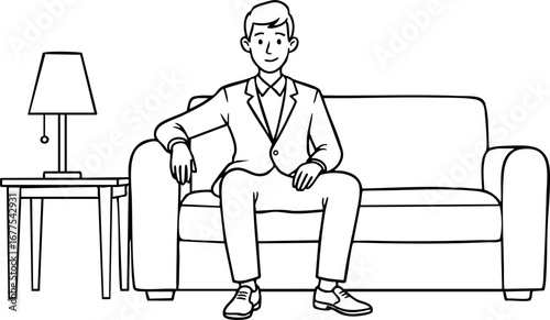 Young man sitting on sofa beside lamp on table in simple living room interior vector illustration