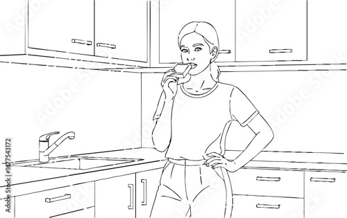 Young woman drinking water in kitchen drinking healthy beverage lifestyle routine vector illustration