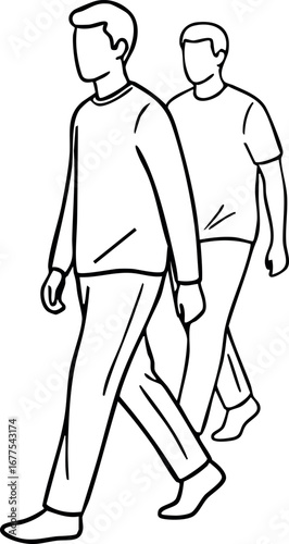 Two men walking forward in casual clothing with minimalist line art style vector illustration