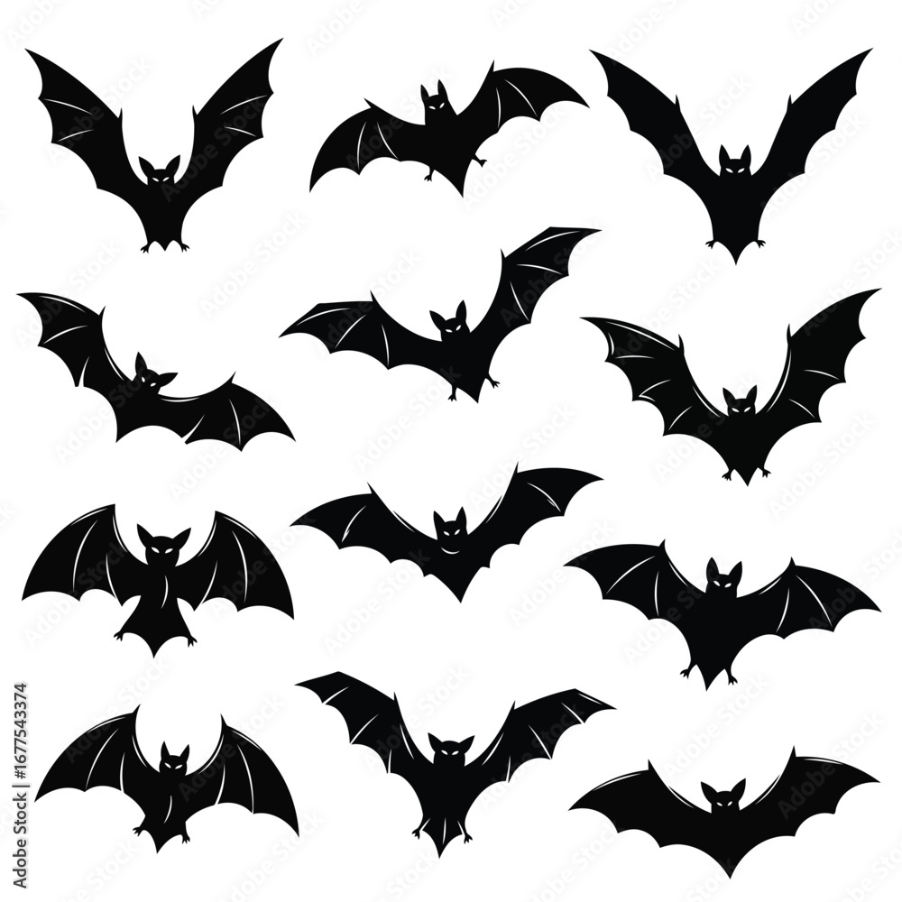 Naklejka premium Collection of black bat silhouettes with outstretched wings, perfect for Halloween decorations and spooky designs.