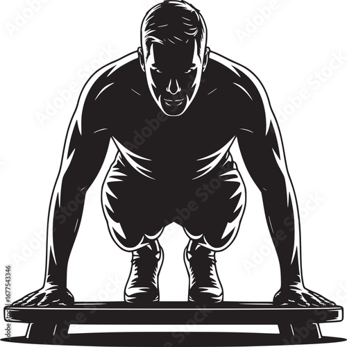 Man in silhouette performing exercise on a platform with hands down and knees bent in black and white art