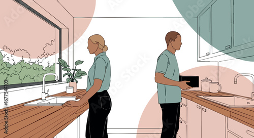 Couple preparing food in modern kitchen with wooden counters and large window vector illustration