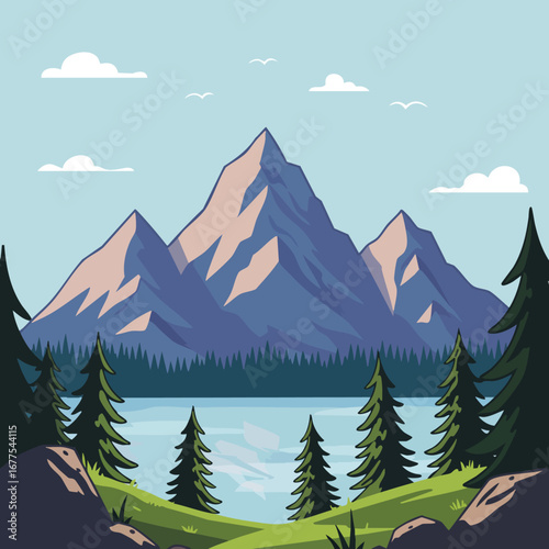 Mountain landscape with pine trees and lake under blue sky in nature scene vector illustration 
