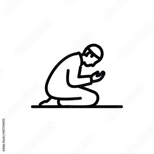 Line drawing of a Muslim man kneeling in prayer, hands raised in supplication.