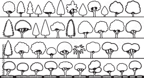 Collection of Black and White Stylized Tree Silhouettes in Rows with a Fence trees nature
