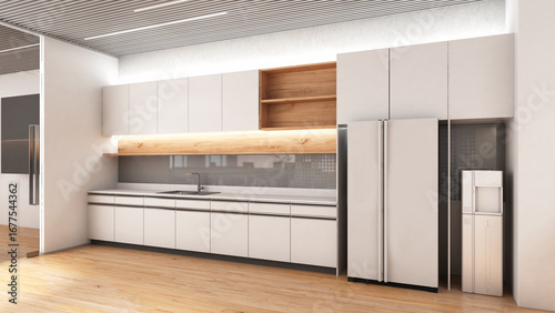 Pantry and built-in cabinets in the kitchen with light wood floor and refrigerator and water dispenser, 3D rendering