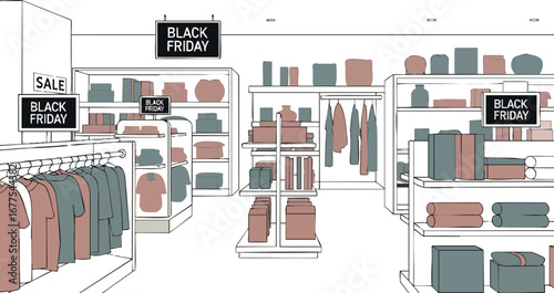 Retail clothing store interior with Black Friday sale signage and apparel displays in neutral colors vector illustration