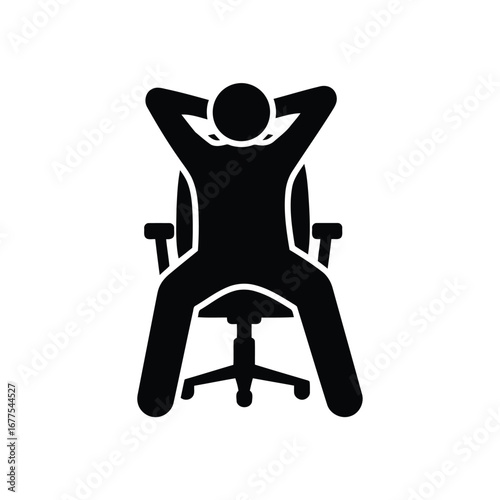 A black silhouette icon of a person relaxing and leaning back in a swivel office chair with their hands behind their head.