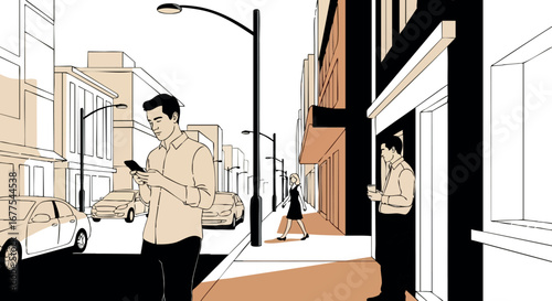 Urban street scene with people using phones and walking in city environment vector illustration