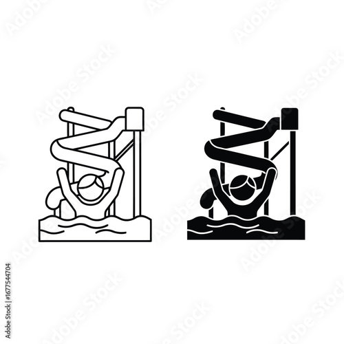 Black and white illustration of a person sliding down a water slide into a pool.