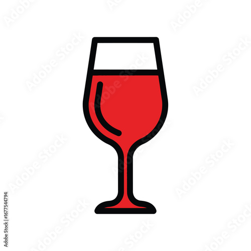 Bold graphic icon of a classic wine glass filled with red liquid featuring a thick black outline.