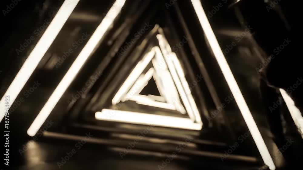 Abstract geometric design with glowing lines forming a series of nested triangles against a dark background.