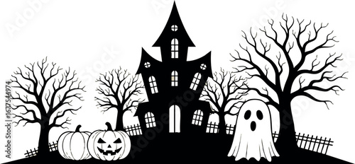 Haunted house with spooky ghost and carved pumpkin for Halloween celebration vector design