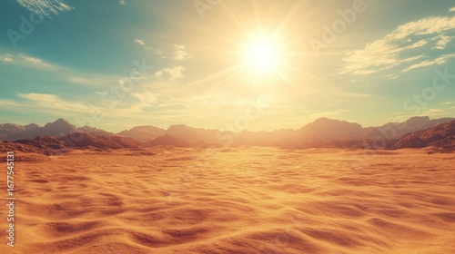 A vast desert landscape with golden sand dunes under a bright sun and clear blue sky, framed by distant mountains.