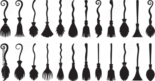 Collection of Black Silhouette Witch Brooms for Halloween magic