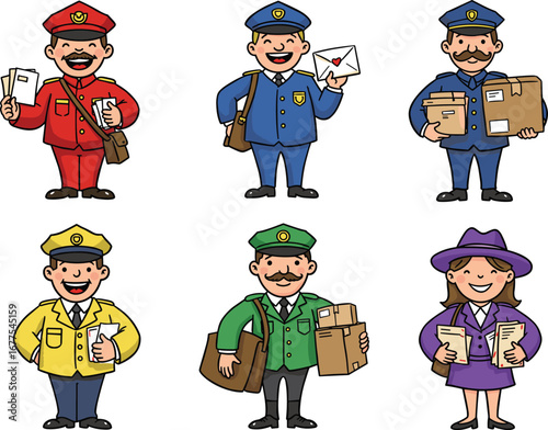 Cartoon postmen and postwomen delivering letters and parcels, mail delivery, postal service, courier, communication, happy workers, mail carriers, packages, envelopes