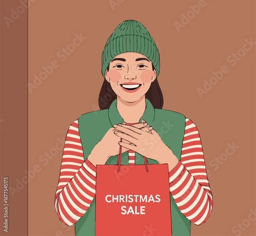 Woman smiling holding Christmas sale shopping bag wearing green hat and striped sweater festive holiday shopping vector illustration