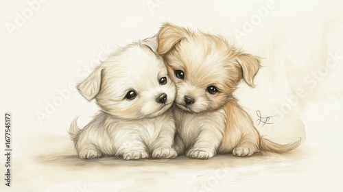 Two adorable puppies snuggle closely together, showcasing their playful and affectionate nature in a charming illustration.