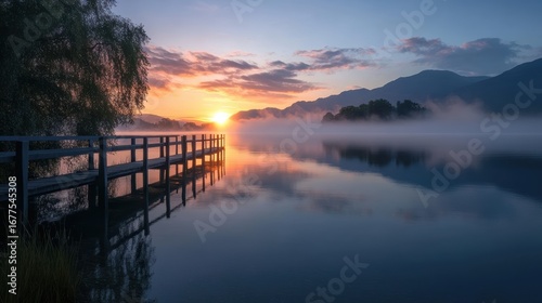 A serene lakeside view at sunrise, featuring mist over calm waters and a wooden pier surrounded by mountains.