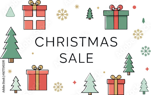Christmas sale with gift boxes and pine trees festive holiday design vector illustration