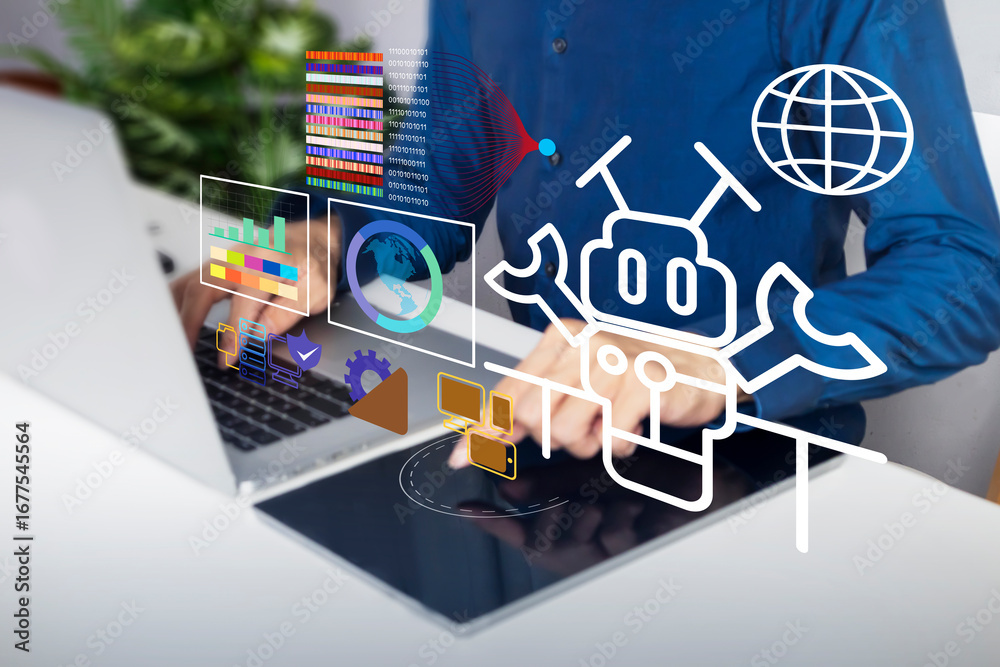 Fototapeta premium Business concept: Using robots in large database systems, sending commands to manage robots to work instead of people.