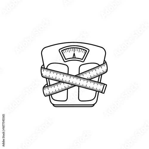 A black and white line drawing of a bathroom scale wrapped with a measuring tape, symbolizing weight loss and fitness.