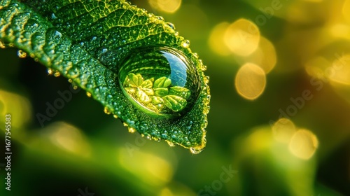 A close-up of a leaf with a water droplet, reflecting greenery, surrounded by soft, blurred golden bokeh lights.