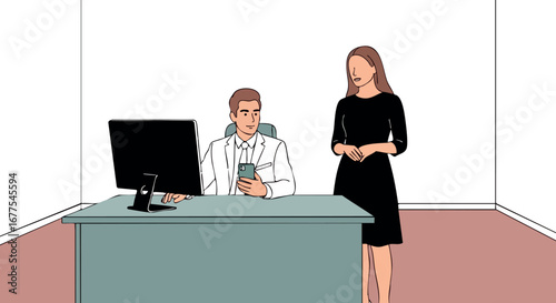 Businessman and colleague interacting in modern office setting with desktop computer and smartphone technology