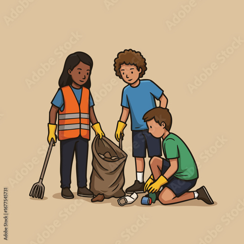 Children cleaning park collecting trash together with gloves and safety vest in community environment care teamwork activity 