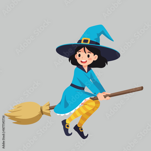 Young witch flying on broomstick wearing blue costume and hat vector illustration 
