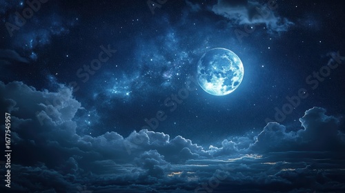 A stunning night sky with a bright moon surrounded by clouds and twinkling stars, creating a serene and mystical atmosphere.