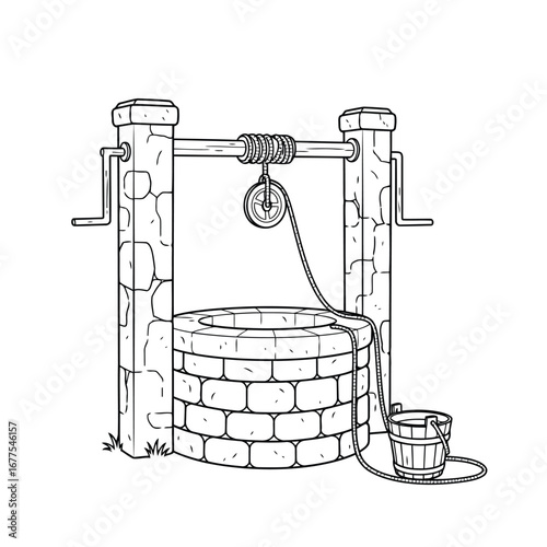 Black and white line art drawing of a traditional stone water well with a bucket and pulley system, used for fetching water.
