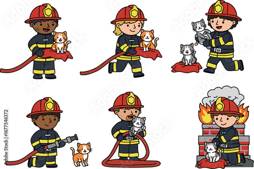 Cartoon firefighters rescuing cats, fire safety, firemen with hose, fire helmets, emergency rescue, animal saving, fire rescue team, fireman cartoon