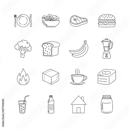 Collection of various food and drink icons in a simple line art style.