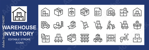 Warehouse Inventory Vector Icon Set | Adjustable Line Weight | Storage, logistics, delivery, packaging, barcode, forklift, shipping, pallet, stock, tracking, management, cargo, supply chain icons