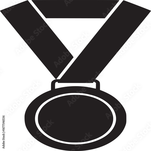 A black and white graphic illustration of a medal with a ribbon on a white background design element