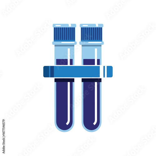 Two blue capped test tubes filled with dark blue liquid, held together by a blue rack.