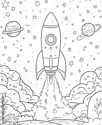 Black and white line art coloring page of a rocket launching into space, surrounded by planets, stars, clouds, and cosmic details. Fun and playful cartoon style illustration