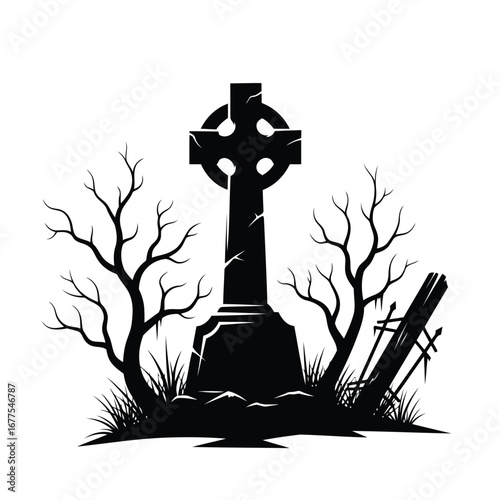 Silhouette of a Celtic cross gravestone in a desolate landscape.