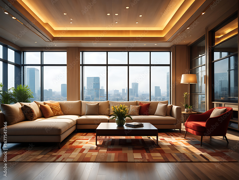 Fototapeta premium Sophisticated Urban Living Room Oasis Featuring a Spacious Sectional Sofa and a Captivating Cityscape View