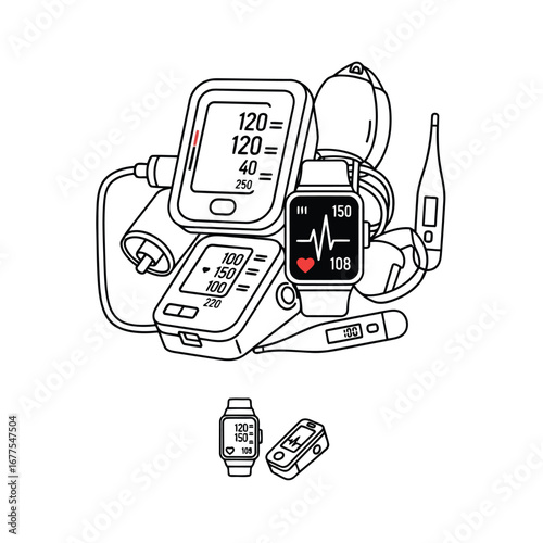 A collection of modern health monitoring devices including blood pressure monitors, smartwatches, and thermometers.