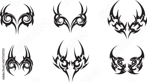 Symmetrical black ink tribal tattoo art set, isolated vector illustrations for body decoration and creative design