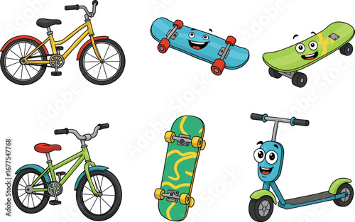 Cute happy bicycles, skateboards, scooter, smiling faces, colorful kids vehicles, cartoon bikes, fun transportation, children’s outdoor toys, playful wheels