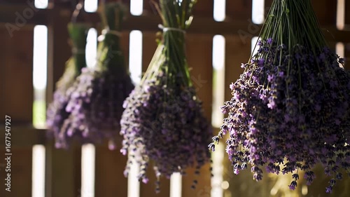 Clusters of vibrant purple lavender blossoms hang suspended, drying in a rustic setting.