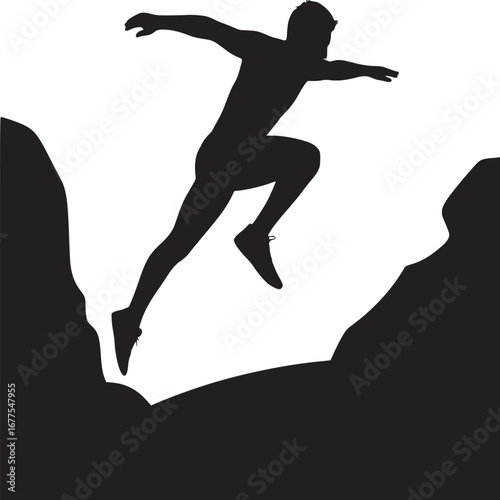 Silhouette of a man jumping between two rocky cliffs against a white background in a dynamic pose