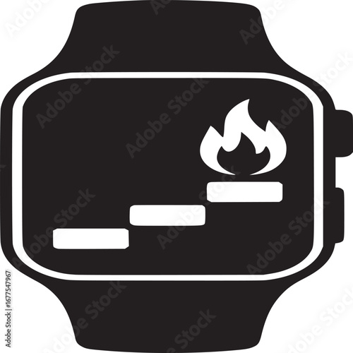 A black smartwatch displaying a staircase icon and a flame icon on its screen in a digital format