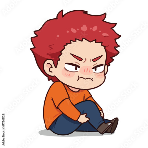 Angry red haired boy sitting with crossed legs and expressive face in orange shirt and blue pants vector illustration 